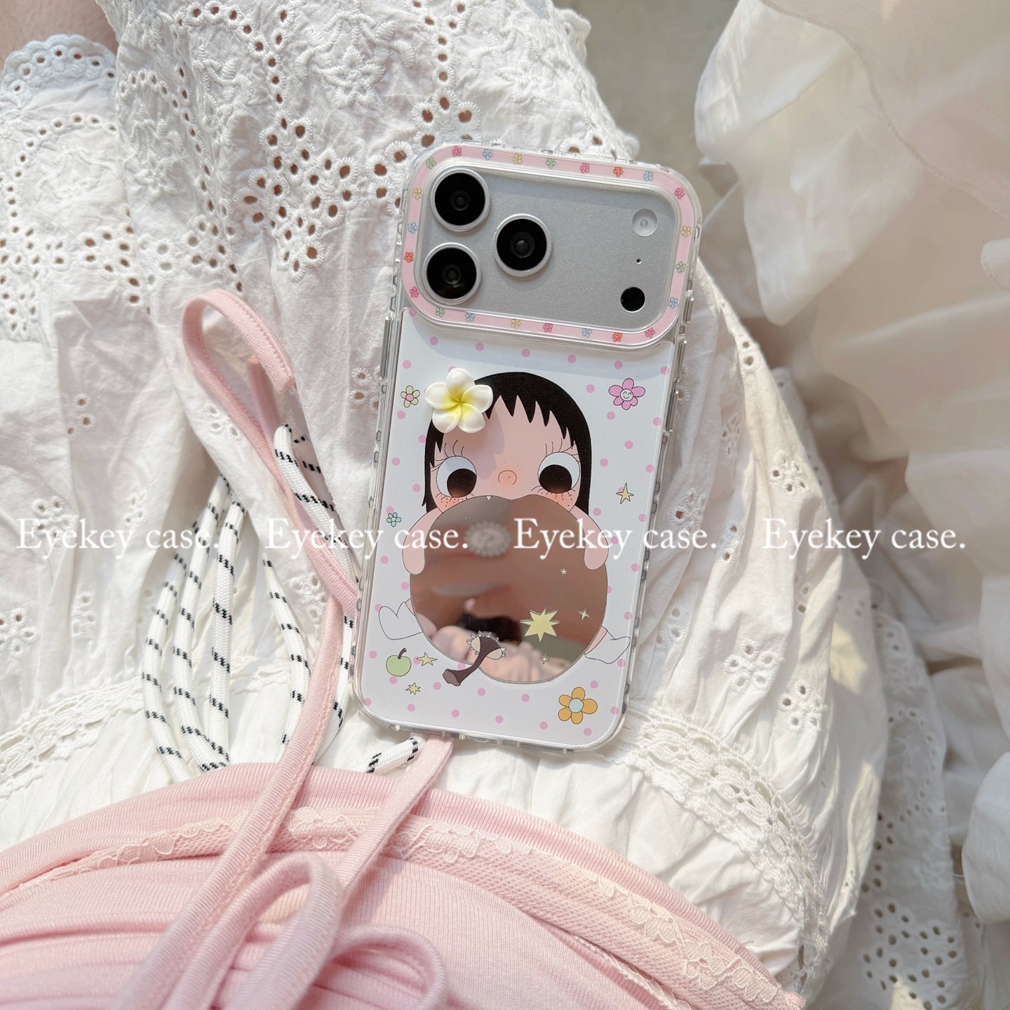 eyekey·ins əyləncəli və sevimli çəhrayı polka nöqtəli çiçəklər alma güzgü qız apple 17promax mobil telefon qutusu iphone16 yeni 15 cizgi filmi 16pro hər şey daxil 17 qoruyucu örtük