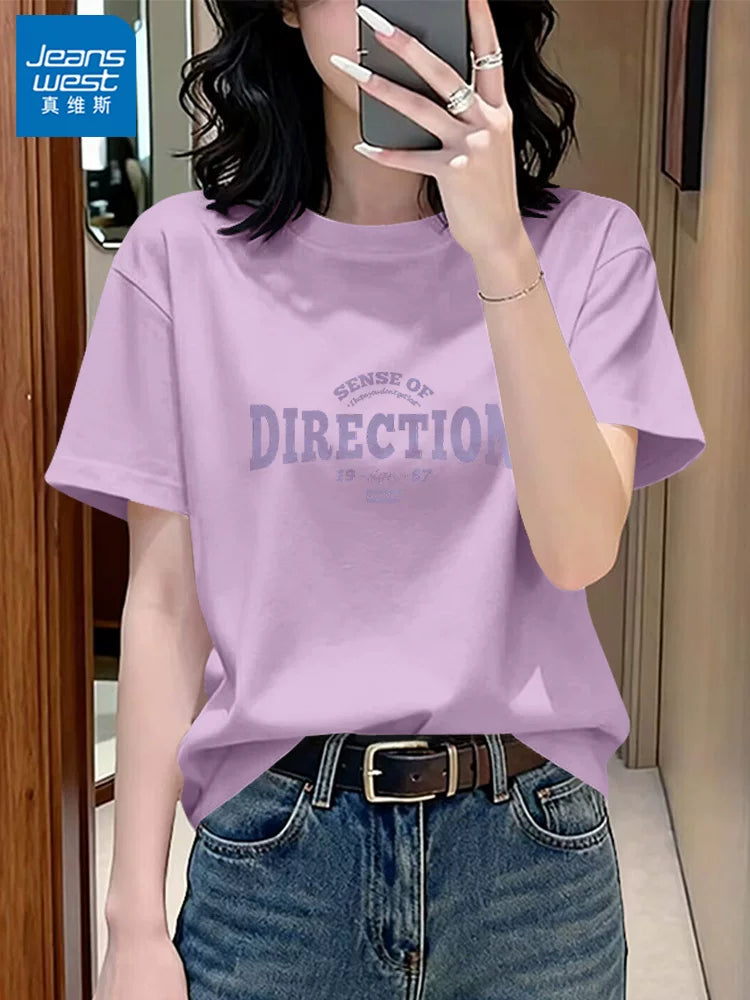 Jeanswest bənövşəyi boş pambıq qısaqol qadın 2026 yayı yeni Koreya üslublu niş zirvələri kiçik orta məktəb şagirdləri yarımqol X