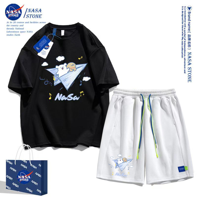 NASA kobrendli cizgi filmi qısaqol şort kostyumu 2025 yay moda markası təmiz pambıq köynək kişi və qadın idman beş nöqtəli şalvar
