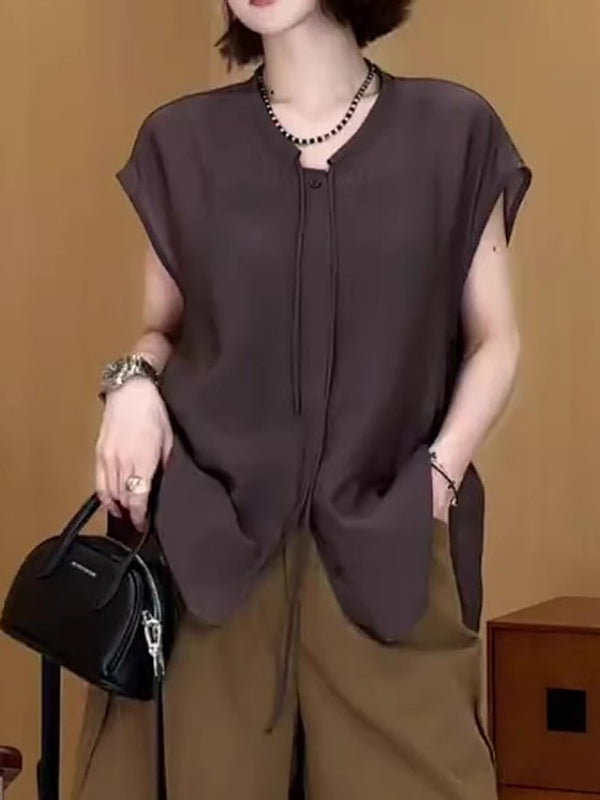 Qadınlar üçün böyük ölçülü, şık və zərif qalstuklu bluzka, yeni yay stili, geniş formalı, arıqladıcı, çoxfunksiyalı qısaqol köynək.