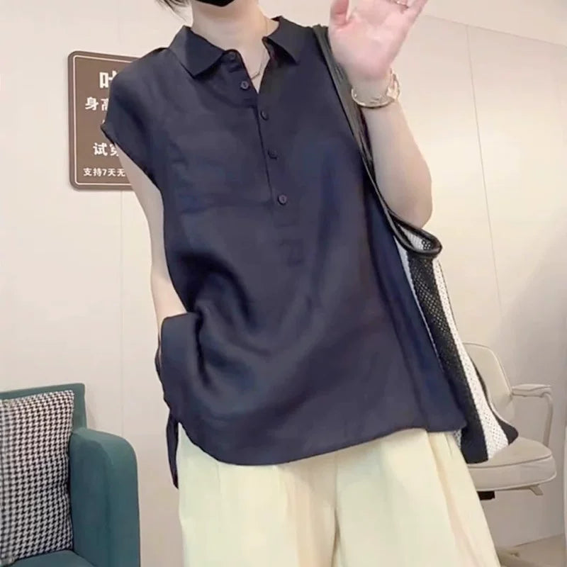 Avropa üslubunda, yüksək keyfiyyətli qara rəngli, qadınlar üçün qısaqol polo köynək, yeni yay üslubunda, arıqladıcı, geniş və çoxfunksiyalı top.