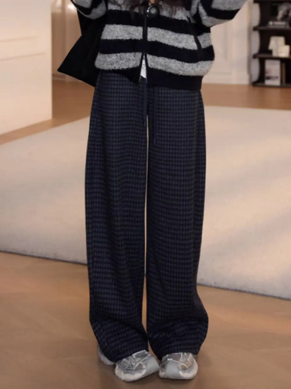 Qadınlar üçün retro dama-dama enli şalvar, 2026 payız/qış yeni dəbdə, böyük ölçüdə, yüksək belli, arıqladıcı, çoxfunksiyalı, gündəlik düz ayaqlı şalvar.