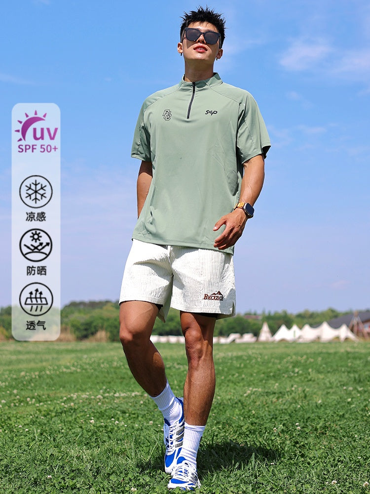 BKCXZICE idman və istirahət üçün qısaqol velosiped açıq fitnes məşqi köynəyi buz ipək sərin günəşdən qoruyan kişilər üçün tez quruyan geyim