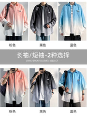 Buz ipək gradient qısaqol kişi köynəyi yaz, payız və yay boş təsadüfi kişi moda uzunqol köynək gödəkçəsi