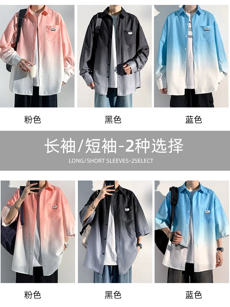 Buz ipək gradient qısaqol kişi köynəyi yaz, payız və yay boş təsadüfi kişi moda uzunqol köynək gödəkçəsi