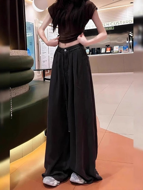 Qadınlar üçün böyük ölçülü Tencel denim cins şalvar, yay üslubunda, nazik, enli ayaqlı, yüksək belli, boş, çoxfunksiyalı, gündəlik şalvar.