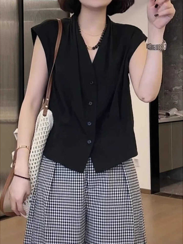 Böyük ölçülü qadınlar üçün fransız üslubunda yüksək keyfiyyətli V-yaxalı qolsuz jilet, yay dəbli Avropa üslublu köynək topu.