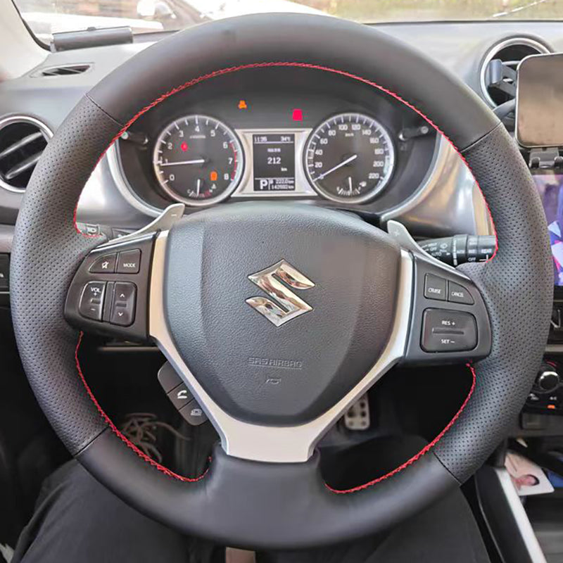 Suzuki Vitara steering wheel cover, genuine leather, 2017 model, hand-stitched, full coverage.