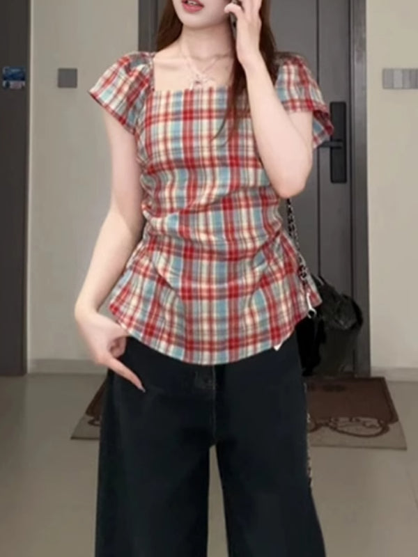 Böyük ölçülü qadın üçün çiyinləri açıq dama-dama köynək, 2026-cı il yay yeni dəbi, arıqladıcı və gözəl, şirin və ədviyyatlı top.