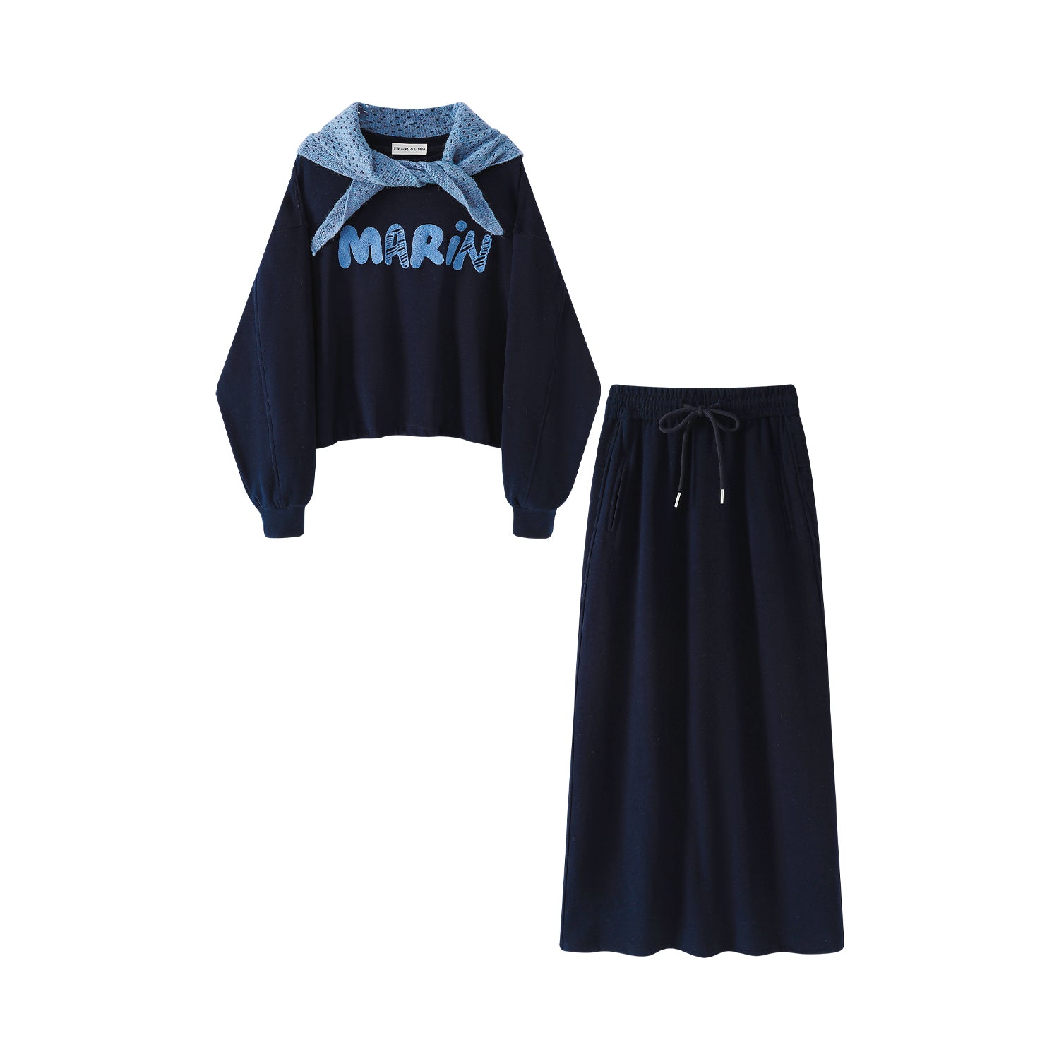 Cholisa Koreyalı Qəşəng Yüksək Bəzəkli Sviter Dəsti, Şal Topu və Yüksək Belli Kəsik Ətəklə - Qadınlar üçün Payız/Qış Üç Hissəli Dəst