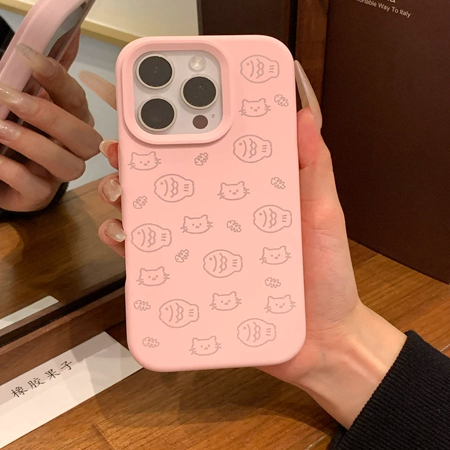Rezin meyvə ins sadə xətlər kiçik balıq pişik maye silikon iPhone17promax mobil telefon üçün uyğun Apple 16pro Nuojiji 15 düşməyə qarşı 14 hər şey daxil kamera açarı sərt qabıq Hava