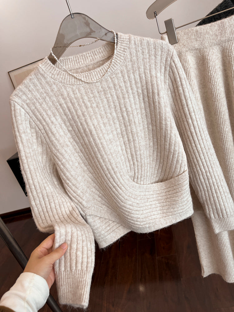 French style, elegant, loose fit round neck sweater, spring knit sweater, mid-length A-line skirt set.