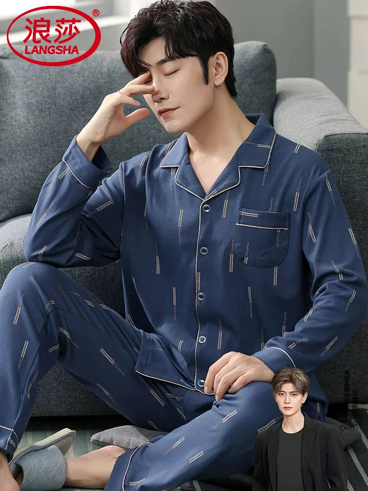 Langsha Kişilər üçün Təmiz Pambıq Pijama 2025 Yeni Yaz və Payız Nazik Uzunqollu Böyük Ölçülü Payız və Qış Kişilər üçün Ev Geyimləri Dəsti