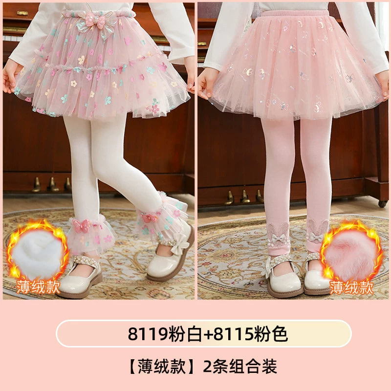 Qızlar üçün bir hissəli ətək şalvarları, 2025-ci ilin yaz və payız mövsümü üçün yeni model uşaq qış geyimləri, flis astarlı, süni iki hissəli leqinslər, ağ, çöldə geyinmək üçün.