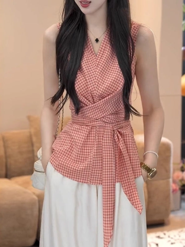 Qadınlar üçün yüksək keyfiyyətli qırmızı dama-dama qolsuz köynək, 2026-cı ilin yayı üçün yeni model, belini sıxan qalstuklu bel köynəyi, qadın bluzası