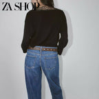 2025 Qış Yeni Gəliş Qadın Gündəlik Qarışıq Boş Sviter Uzun Qollu V-Yaxalı Krujeva ilə Bükülmüş Trikotaj Geyim 5755125