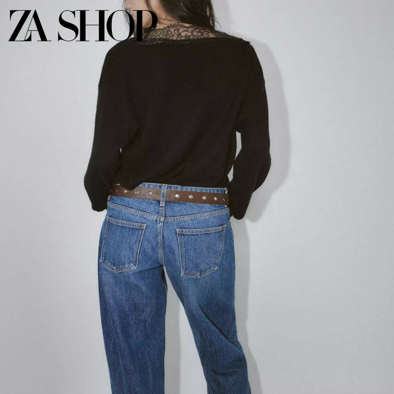 2025 Qış Yeni Gəliş Qadın Gündəlik Qarışıq Boş Sviter Uzun Qollu V-Yaxalı Krujeva ilə Bükülmüş Trikotaj Geyim 5755125