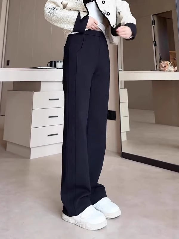 Qadın qara düz ayaqlı gündəlik şalvar, 2026 payız/qış yeni dəbdə, böyük ölçüdə, geniş formada, arıqladıcı, yüksək belli, dar ayaqlı, enli ayaqlı şalvar.