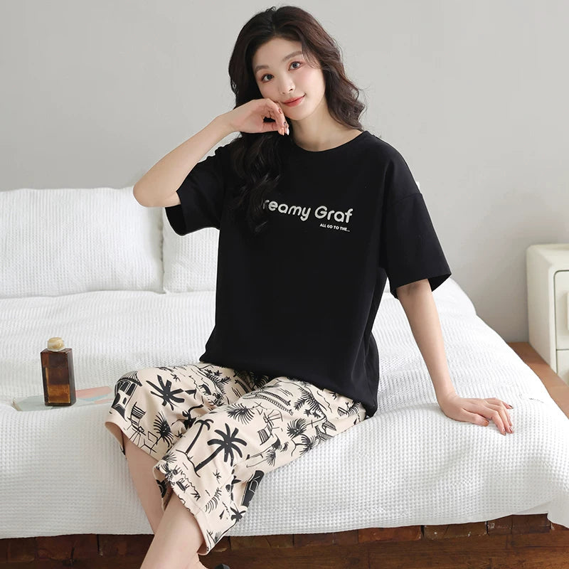 Catman Saf Pambıq Pijama Qadın Yay İncə 2026 Yeni Kəsilmiş Şalvar Qısaqol Qısa Qol Böyük Ölçülü Ev Geyimi Dəsti Kənarda Geyinilə bilər