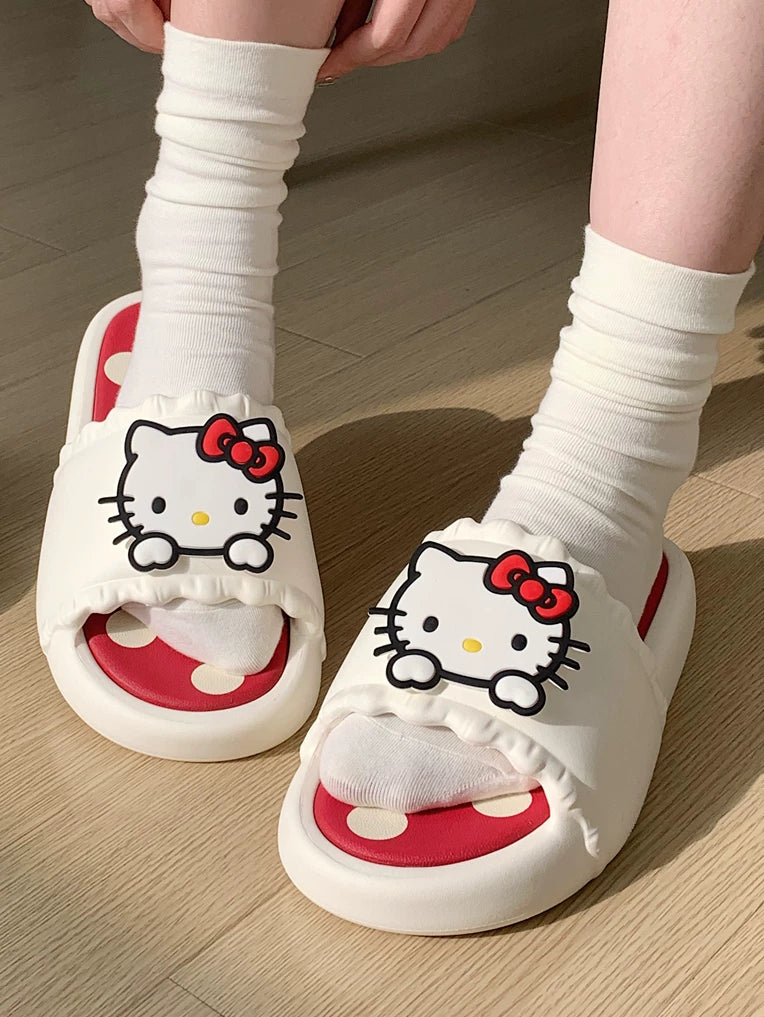 Qadınlar üçün gözəl Hello Kitty terliklərinin nazik zolaqları Sanrio birgə yay valideyn-uşaq açıq havada qapalı terlik