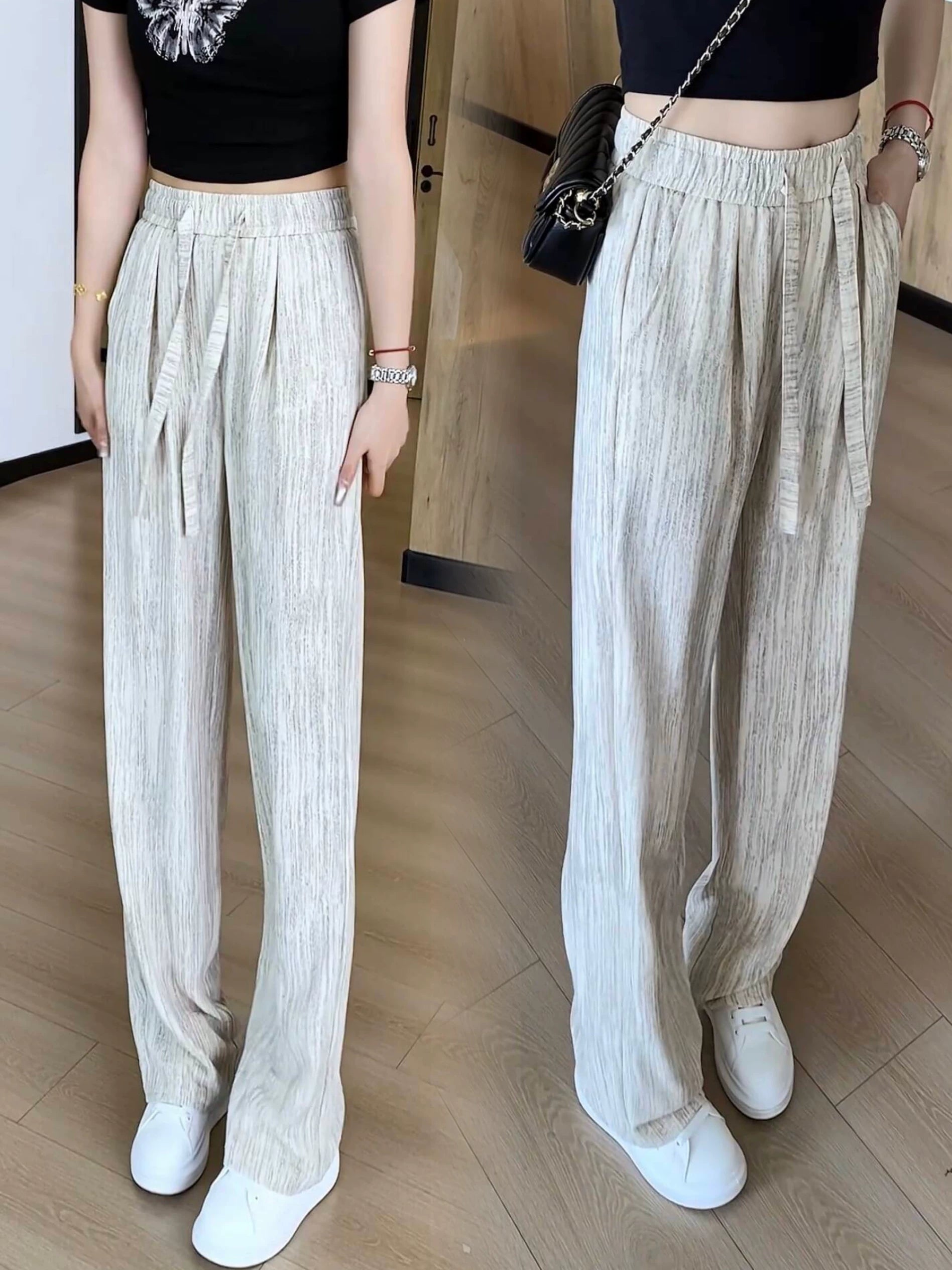 Tencel pambıq və kətandan yayda qadınlar üçün enli pambıq şalvar, kiçik insanlar üçün nazik, hündürbel və drape, ağ buz ipəkdən düz ayaqlı tənbəl təmizləyici şalvar.