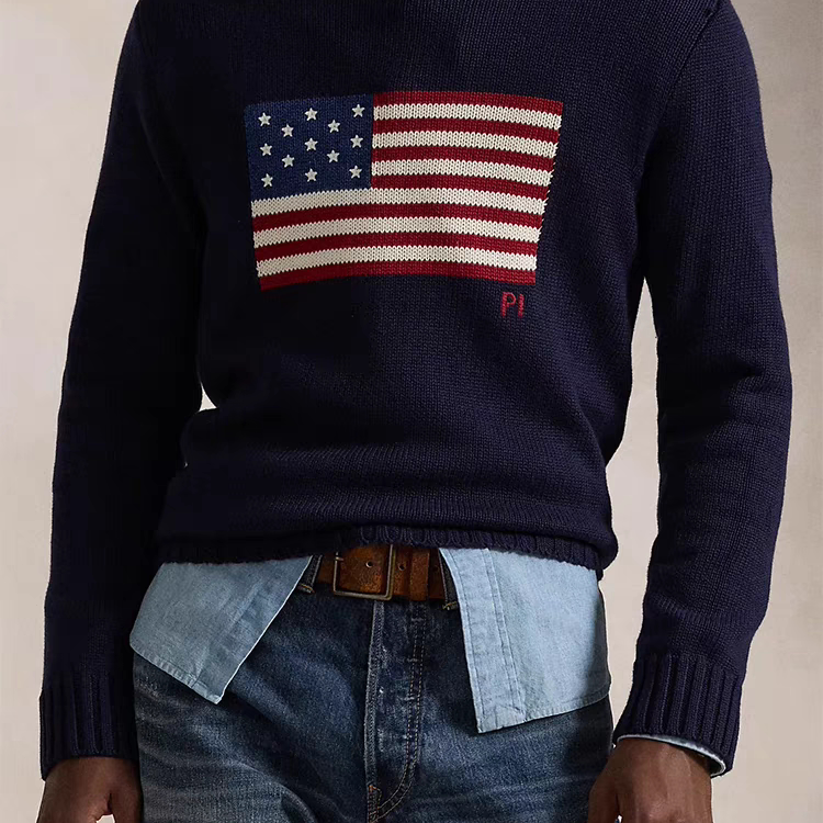 Ulduzlar və milli bayraq təsvir edilmiş açıq yaxalı sviter, uniseks, geniş forma, klassik üslub, vintage görünüş, sviter, təmiz pambıq toxunmuş köynək.