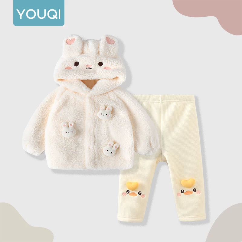 Yuqi Körpə İki Hissəli Dəsti Payız və Qış üçün, Bir Yaşlı Qızlar üçün Qalın Başlıqlı Geyim, İsti İki Hissəli Dəst