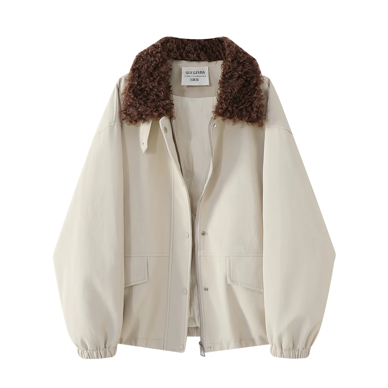 Cholisa'nın 2025-ci ilin payız/qış mövsümü üçün qadınlar üçün Koreya üslubunda yüksək keyfiyyətli dəri gödəkçə, yaxalıqlı, qalın palto və quzu yunundan hazırlanmış aşağı gödəkçə.