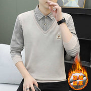 Kişilər üçün iki hissəli, flis astarlı isti köynək yaxalıqlı toxunma sviter, dəbli gündəlik əsas qatlı yun sviter