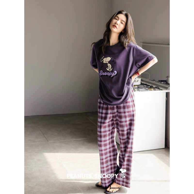 Qadınlar üçün Beiyan Snoopy pijama, nazik pambıq qısaqol, plaid şalvar, böyük ölçülü kostyum ev paltarından kənarda geyinmək olar
