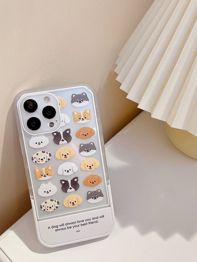 Minimalist Premium iPhone Case for iPhone 16, 16e, 15, 13, Apple 12 Pro Max, Folding Stand, 14-Piece Set, 11 Cartoon Dog Case Plus
