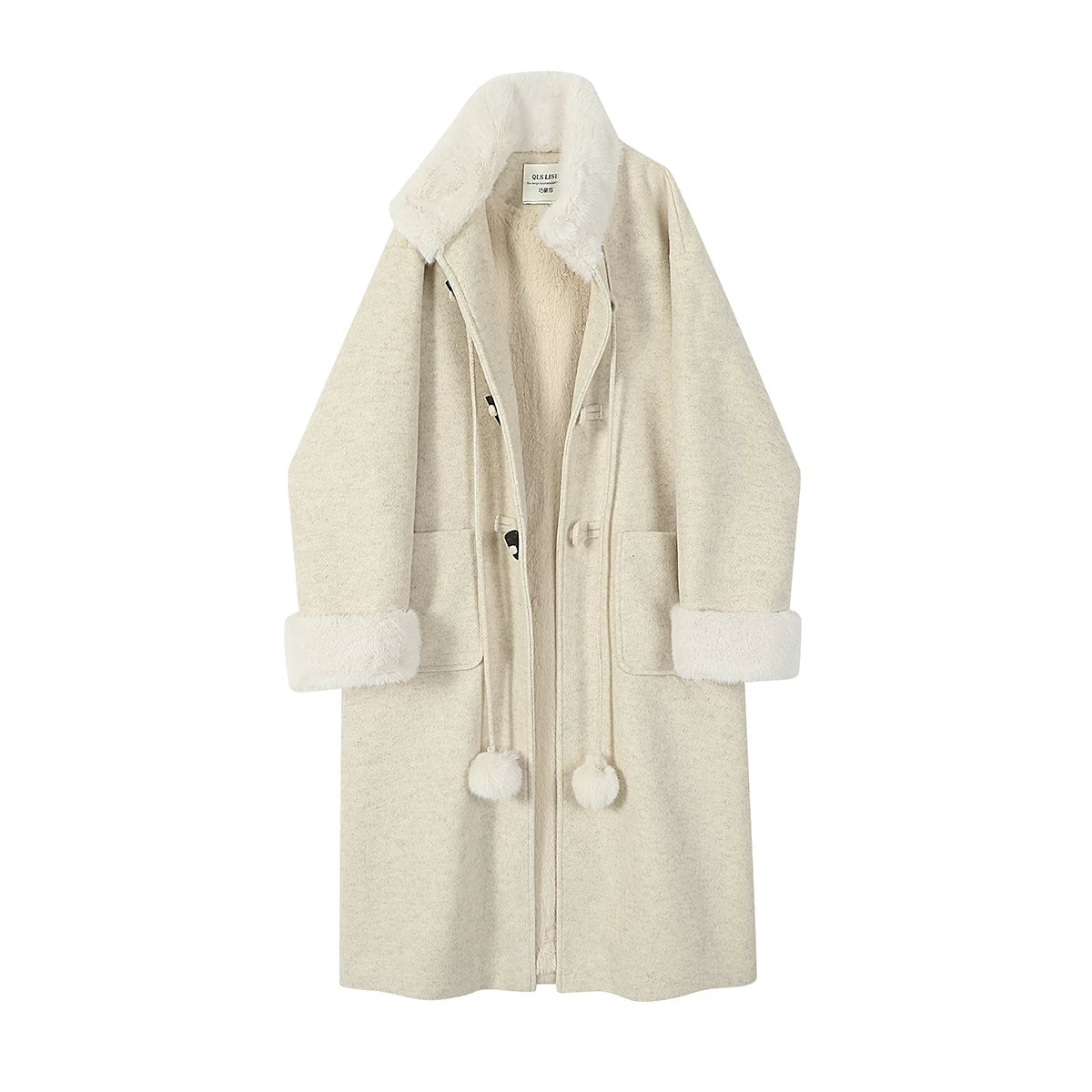 Chorlisa Qadınlar üçün Yun Astarlı Qalınlaşmış Buynuz Düyməli Yun Palto, Payız və Qış, Hepburn Stilində, Yüksək Səviyyəli Uzun Yun Palto