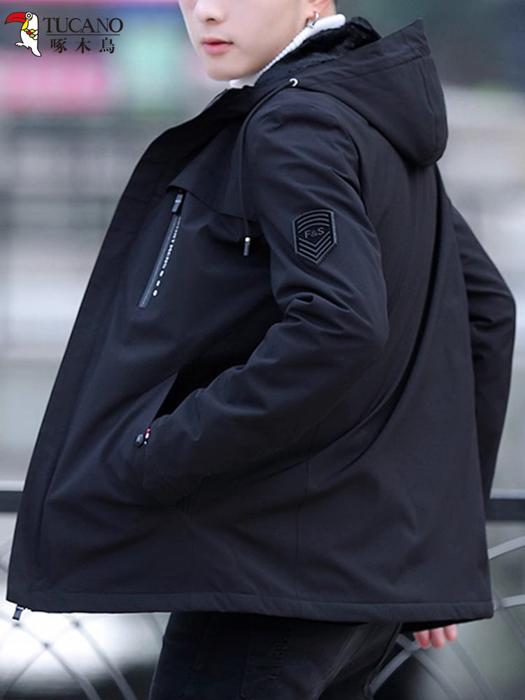 Woodpecker 2025 Payız/Qış Yeni Kişilər üçün Başlıqlı Gündəlik Küləkdən Qoruyucu, Yun astarlı Qalın Üst Geyim