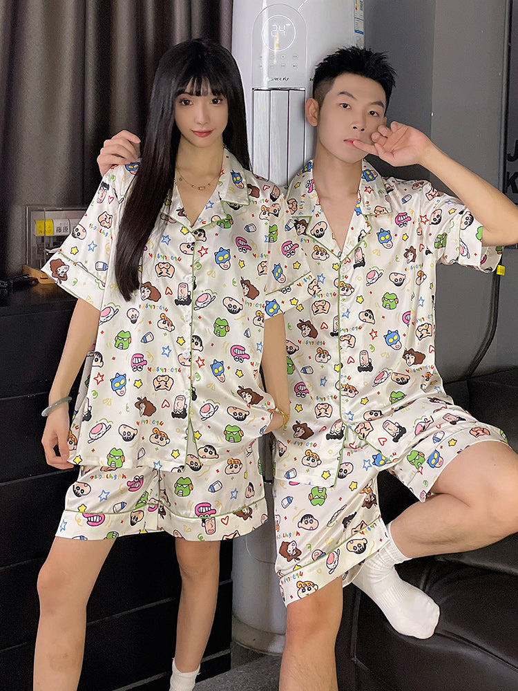 Crayon Shin-chan cüt pijama qadın yay qısaqol buz ipək üç parça dəsti şirin nazik yay kişi ev geyimi