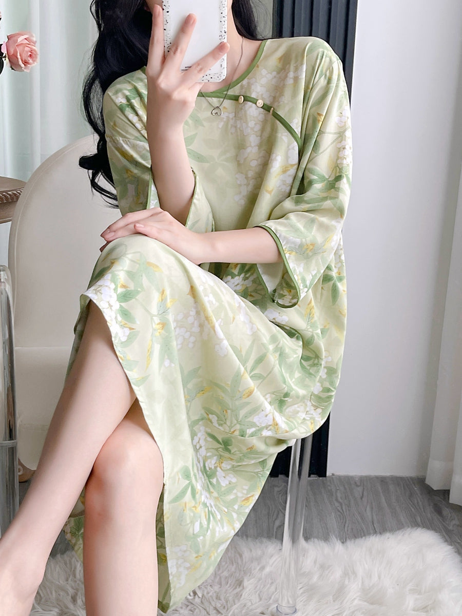 Pambıq ipək pijama qadın yay orta qollu gecə paltarı böyük ölçülü süni pambıq ipək yeni Çin üslubunda nazik boş ev geyimi uzun yubka
