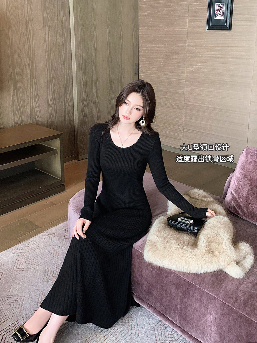 Island Song Lady Yun Örgü Don Qadın Payız və Qış A-xətt Ətək, İncə Uyğun, Qara Daxili Qatlı Zərif Baza Don