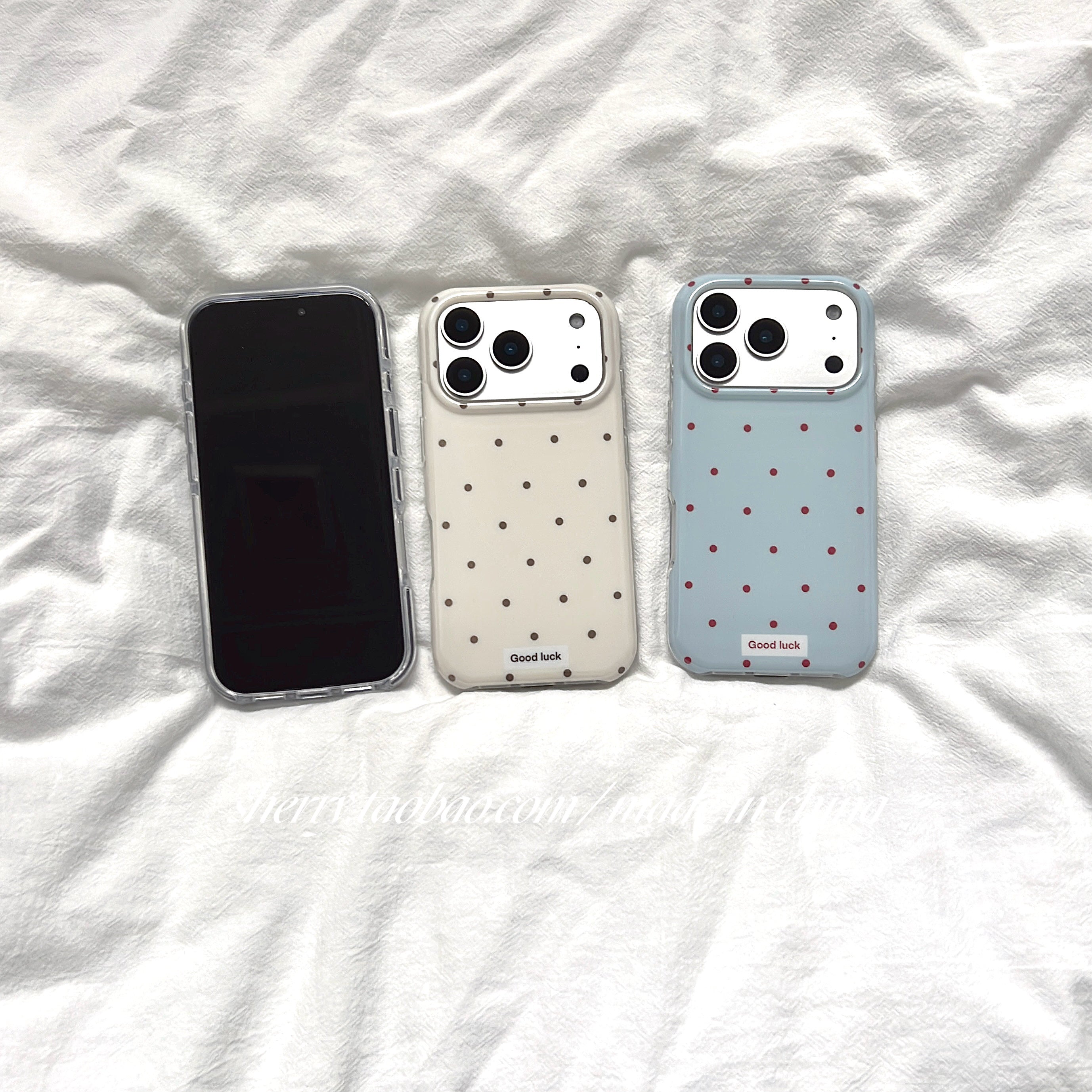SHERRY*ins üslubu, yüksək səviyyəli üslub, zərif təzadlı rəngli polka nöqtələri, Apple 17ProMax mobil telefonu üçün uyğun iPhone16Pro niş qız ürəyi 15 sadə 14 kiçik təzə cizgi filmi sevimli payız