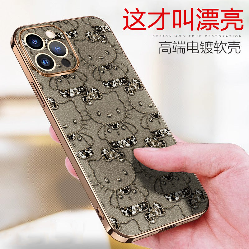 Compatible with Apple iPhone 15 Pro Max, iPhone 16/17/12/13/14, cute Hello Kitty leather case with electroplating, high-end full-coverage premium feel, luxury gold-plated protective case for iPhone 16 Plus.