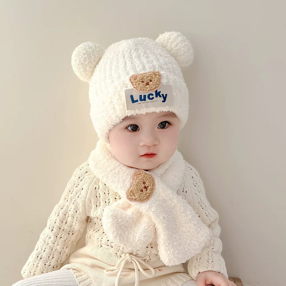 Körpə papağı və şarfı iki hissəli dəst, şirin ayı körpəsi qulaqcıqlı papaq, qalın və isti, oğlan və qızlar üçün, payız və qış üçün idealdır.