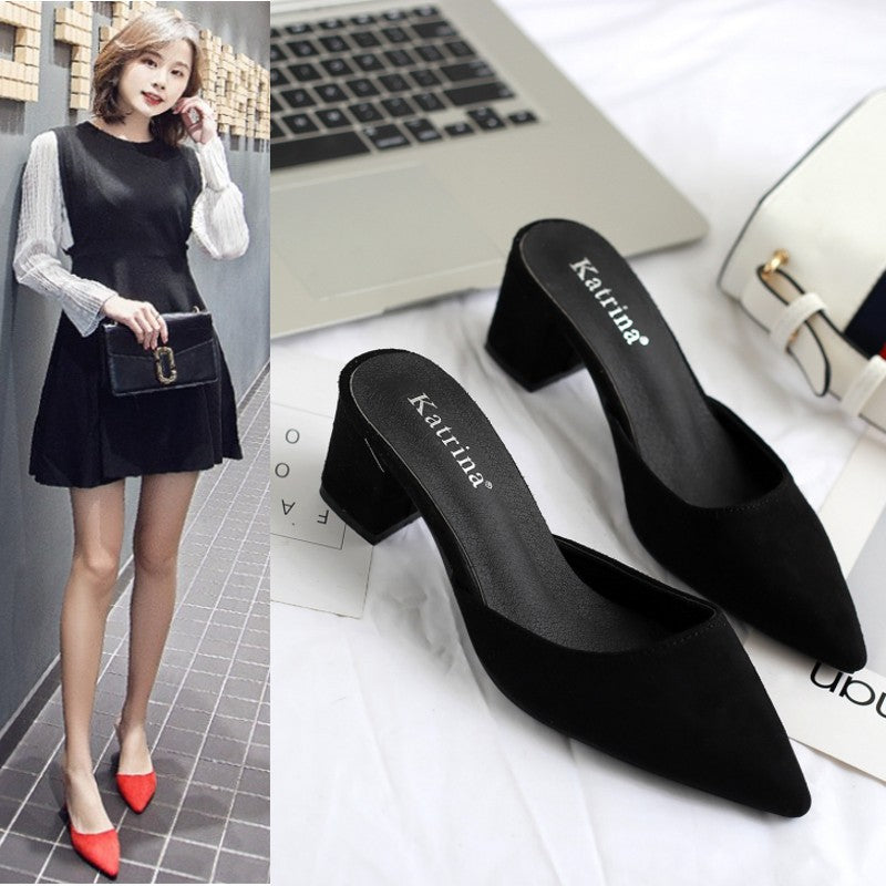 2025 Spring New Arrival Korean Style Pointed Toe Thick Heel Women's Half Mules, Fashionable and Multifunctional Fitting Room High Heel Slip-on Loafers