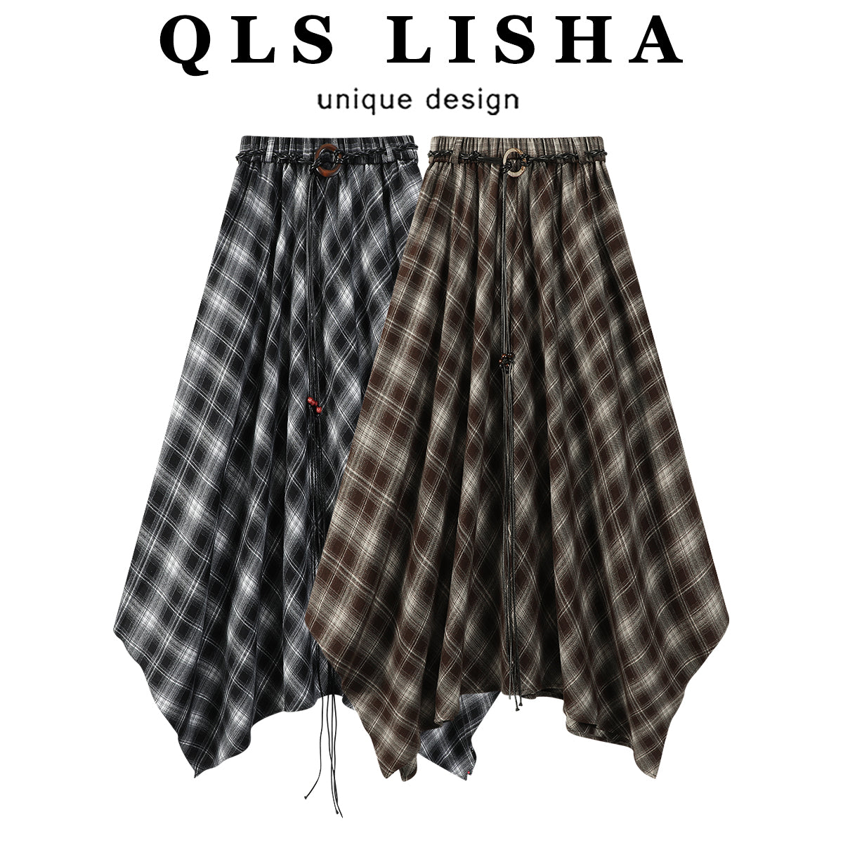 Chola Lisa Fransız üslubunda qadınlar üçün retro qəhvəyi rəngli dama-dama midi ətək, payız qeyri-müntəzəm dizaynlı A-xəttli ətək