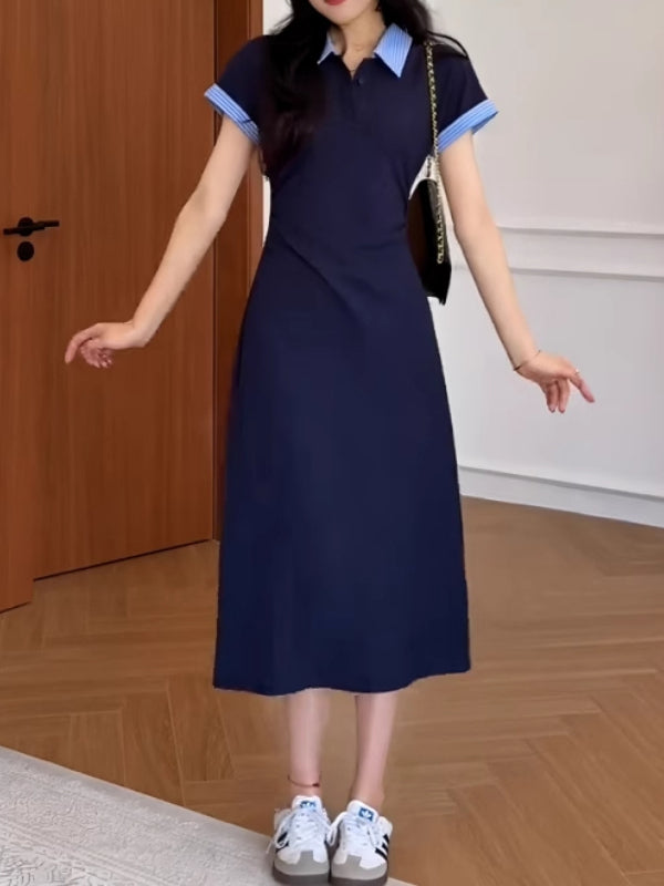 Böyük ölçülü yay Koreya üslubunda qadın üçün rəngli bloklu polo yaxalıqlı don, nazik, yüksək belli, arıqladıcı, bədən quruluşuna uyğun uzun don.