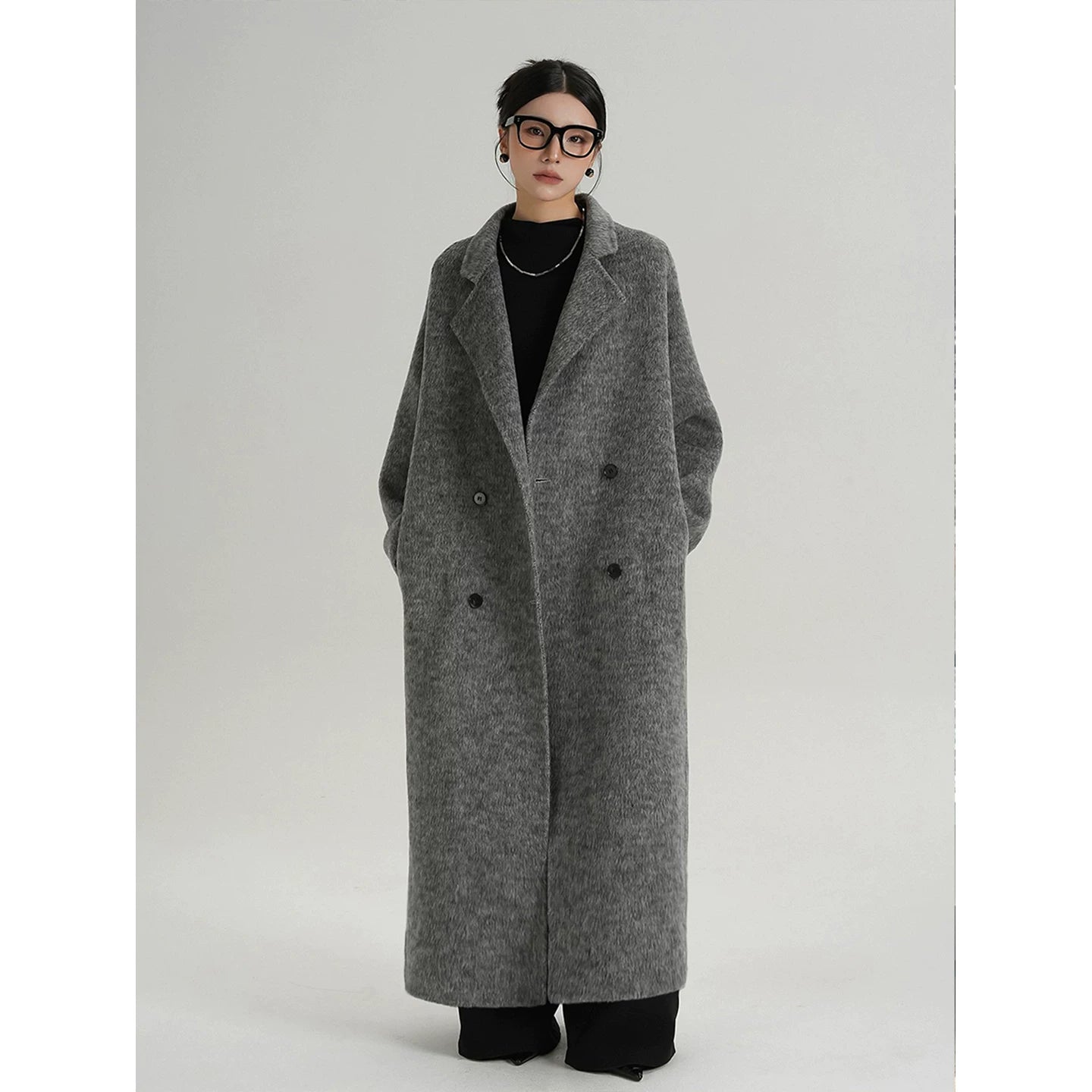 Hündür qadın üçün ikiüzlü yun palto, əlavə uzun, 2025 payız/qış üslubunda, boz, Koreya üslubunda, tüklü yun palto.