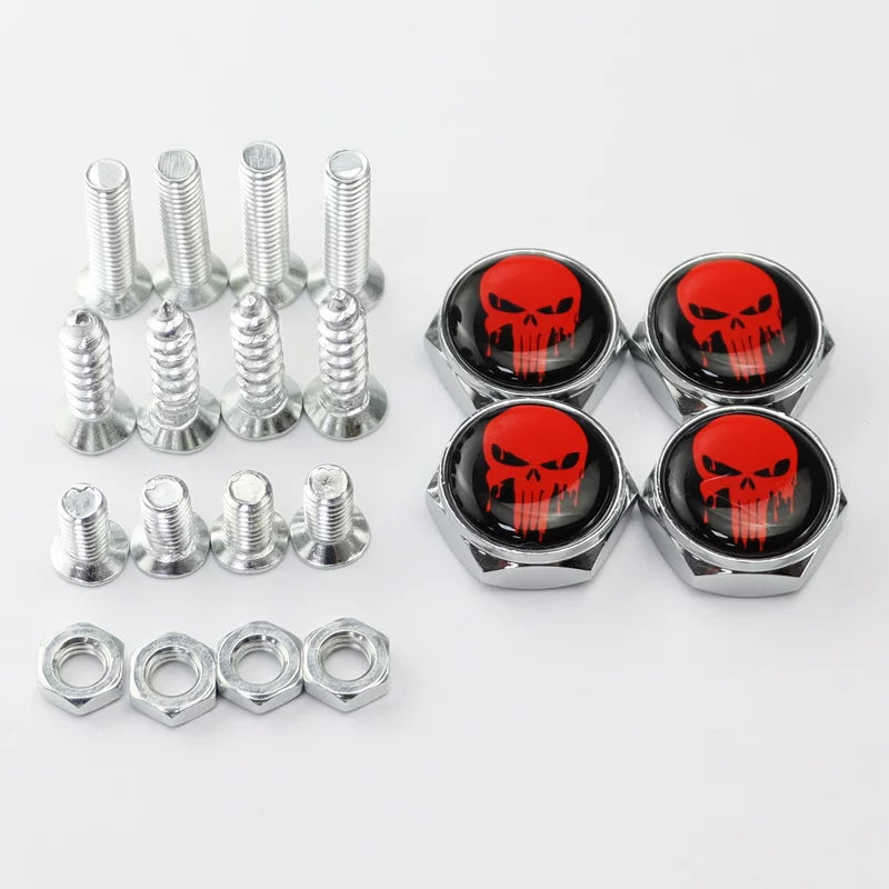 Universal screws for cars, motorcycles and electric vehicles; screws for license plate holders, nuts and frames; screws with skull design