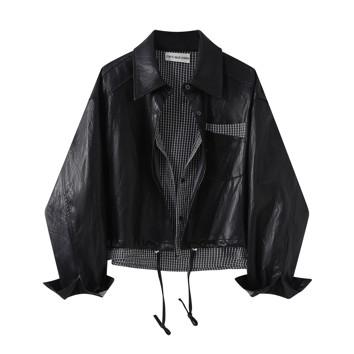 Cholisa-nın zərif dama-dama köynəyi və dəri yamaqlı gödəkçəsi, sərin və şık payız stilində, yaxalıqlı motosiklet gödəkçəsi ilə.