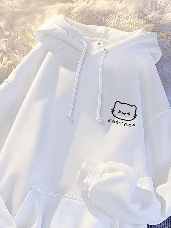 Oğlan və qız uşaqları üçün yeni stildə küçə cizgi filmi pişik naxışlı kapşonlu sviter, geniş formalı, orta və böyük uşaqlar üçün payız və qış aylarında çoxfunksiyalı top və palto.