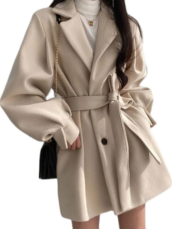 Qadın qış yun paltosu, kiçik, orta uzunluqlu, kostyum yaxası, qalınlaşdırılmış, kəmərli, arıqladıcı, fənər qollu, pambıqla örtülmüş trençkot