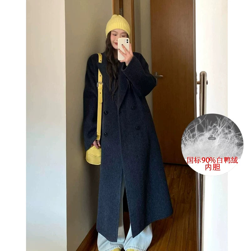 Hündür qadın üçün ikiüzlü yun palto, əlavə uzun, 2025 payız/qış üslubunda, boz, Koreya üslubunda, tüklü yun palto.