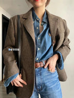 2024 Erkən Yaz Stilində Krystal Jung's American Retro Köhnə Pul Stilində Yuyulmuş Denim Pambıq Naxışlı İncə Köynək Gödəkçə