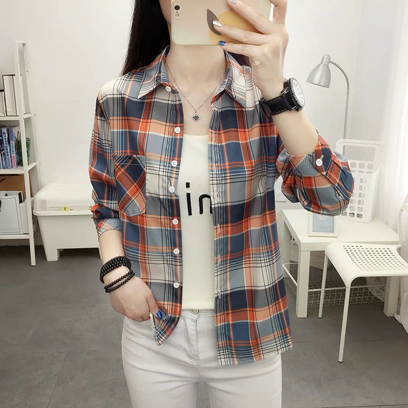 Plaid köynək qadın uzunqol yeni Koreya üslublu retro Honq Konq üslublu alt köynək böyük ölçülü yaz və payız təsadüfi tək geyimli gödəkçə